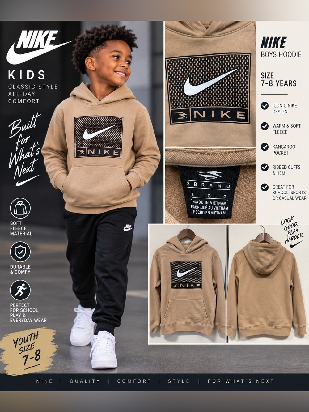 Nike Boys' Tan Graphic Pullover Hoodie size Large